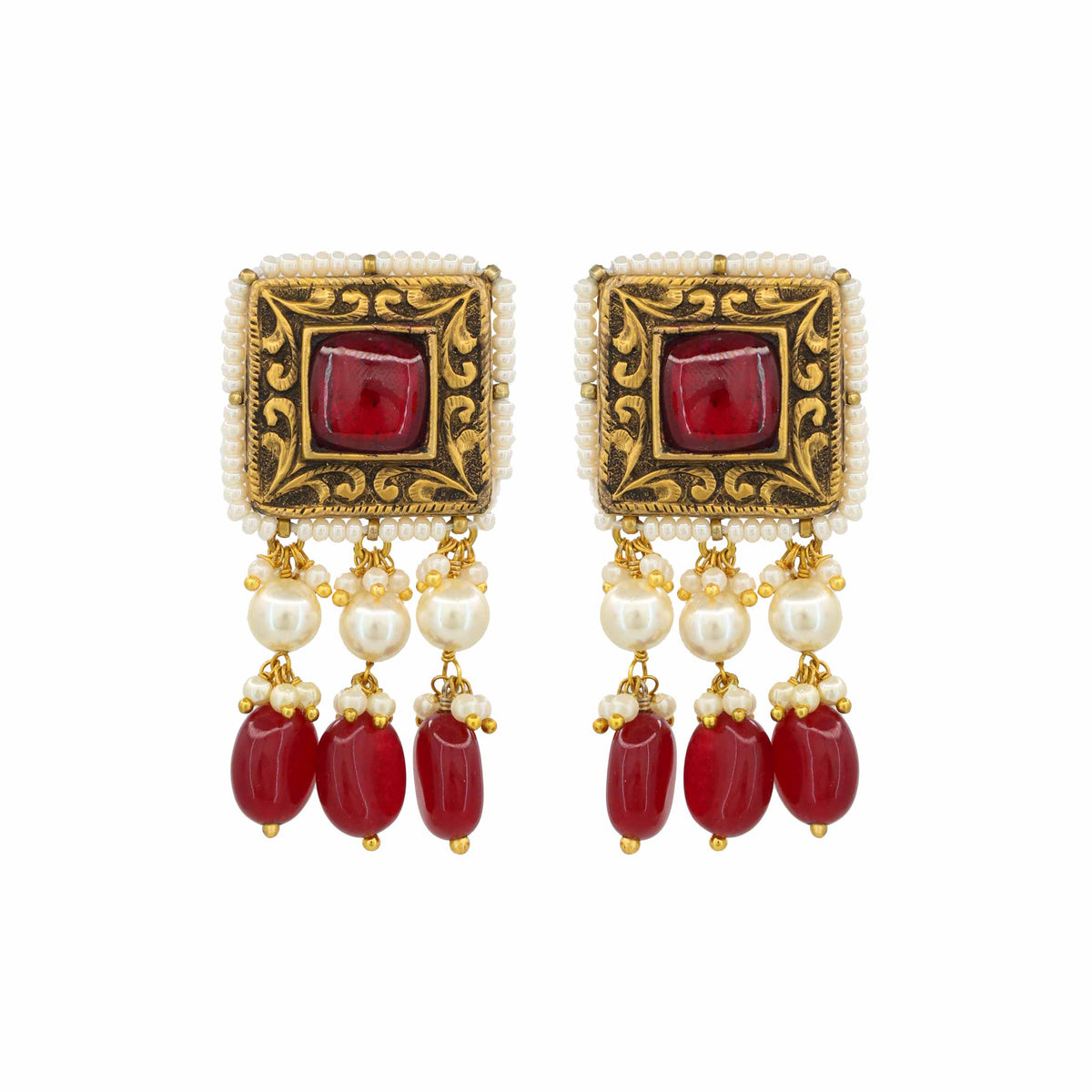 Gold Studded Ruby and Pearl Earrings
