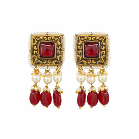 Gold Studded Ruby and Pearl Earrings