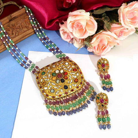 Royal Navratna Pendant Set with Gemstone Tassels