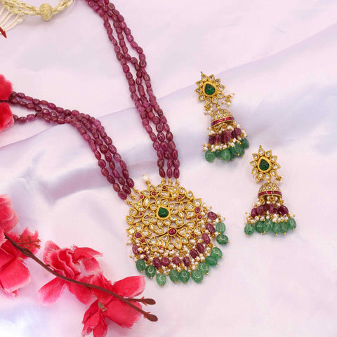 Bridal Polki Diamond and Gemstone Jhumki Pendant Set