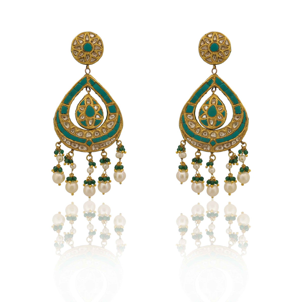 Firoza Turquoise & Pearl Polki Teardrop Chandbaali