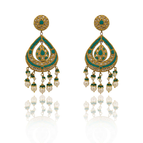 Firoza Turquoise & Pearl Polki Teardrop Chandbaali