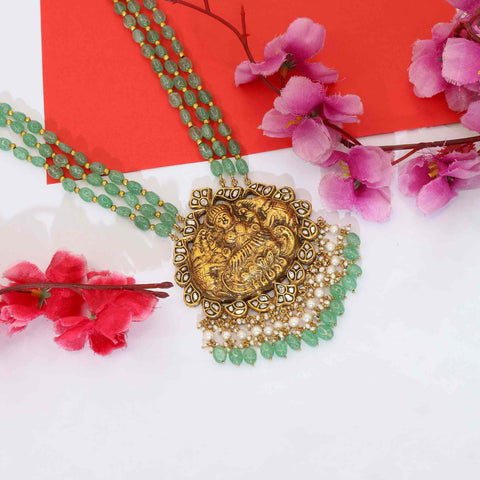 Temple Jewellery Style Laxmi Polki & Emerald Long Necklace