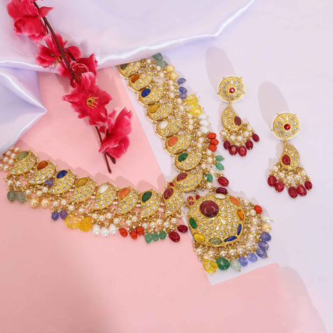 Royal Navratna Polki Diamond Mango Mala Necklace Set