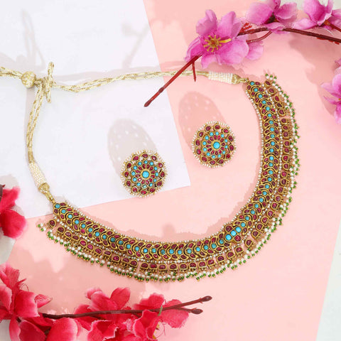 Rajputana Ruby and Turquoise Gold Necklace Set