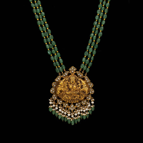 Temple Jewellery Style Laxmi Polki & Emerald Long Necklace