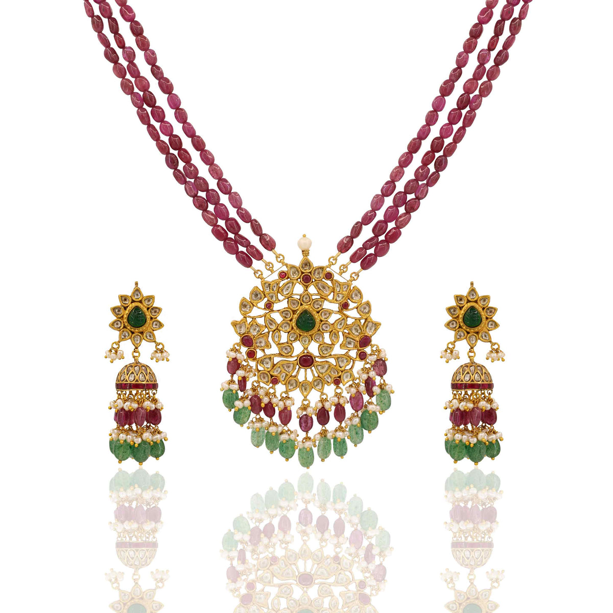 Bridal Polki Diamond and Gemstone Jhumki Pendant Set