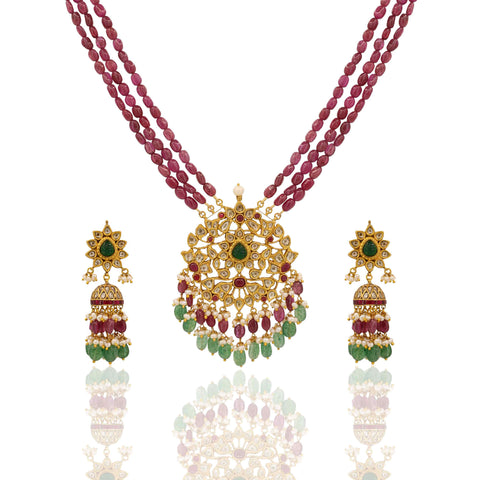 Bridal Polki Diamond and Gemstone Jhumki Pendant Set