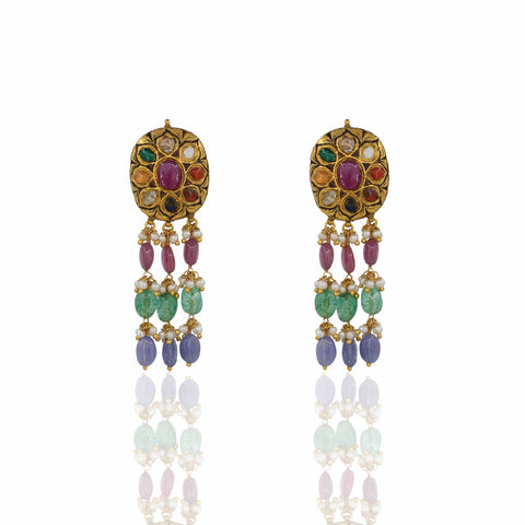 Royal Navratna Pendant Set with Gemstone Tassels