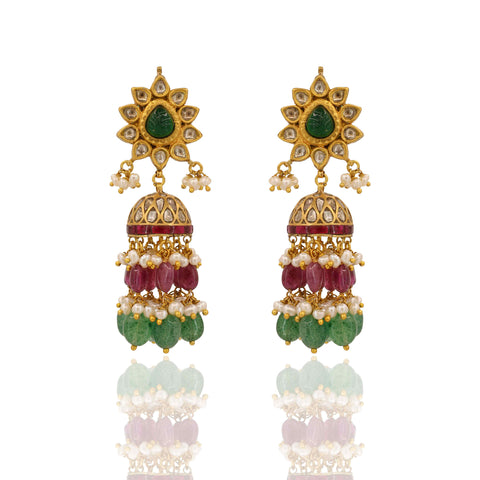 Bridal Polki Diamond and Gemstone Jhumki Pendant Set