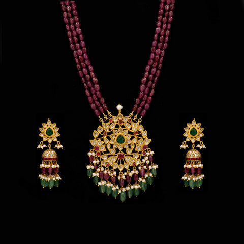 Bridal Polki Diamond and Gemstone Jhumki Pendant Set