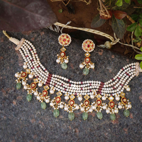 22KT Gold Polki Diamond & Pearl Choker Necklace Set with Emerald Beads