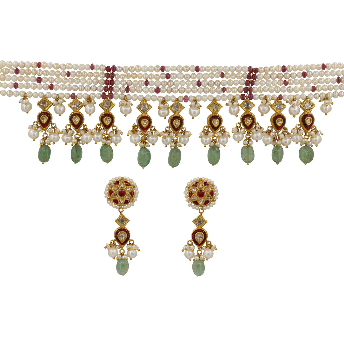 22KT Gold Polki Diamond & Pearl Choker Necklace Set with Emerald Beads