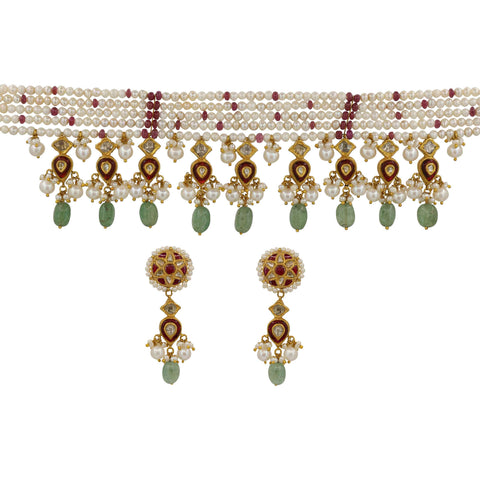 22KT Gold Polki Diamond & Pearl Choker Necklace Set with Emerald Beads