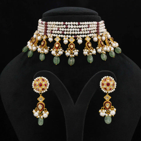 22KT Gold Polki Diamond & Pearl Choker Necklace Set with Emerald Beads