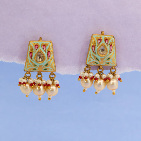 Polki Diamond and Enamel Floral Earrings