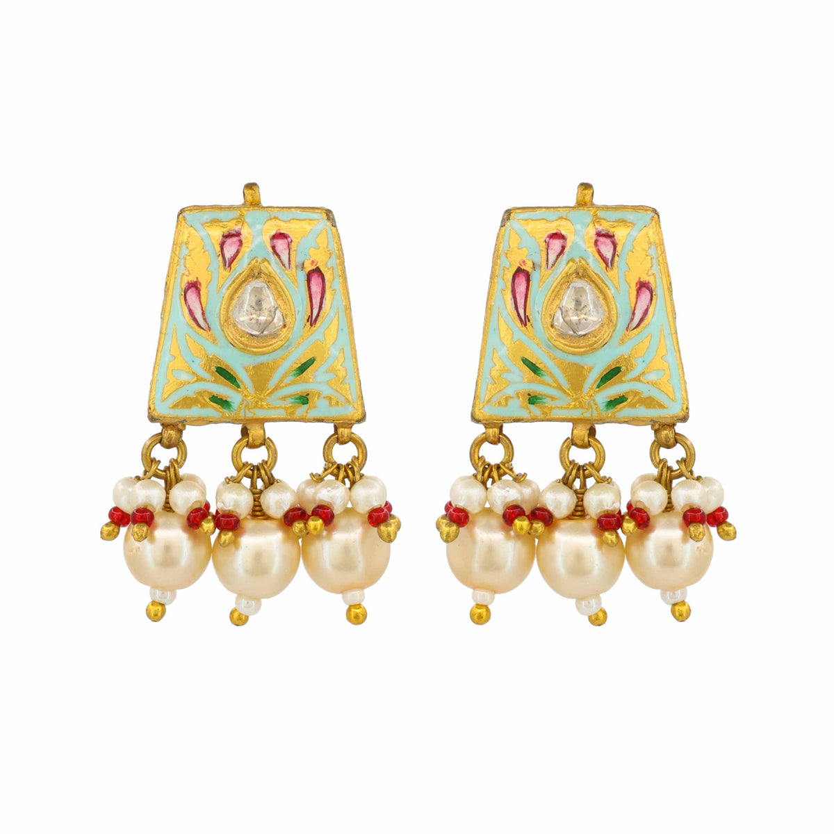 Polki Diamond and Enamel Floral Earrings