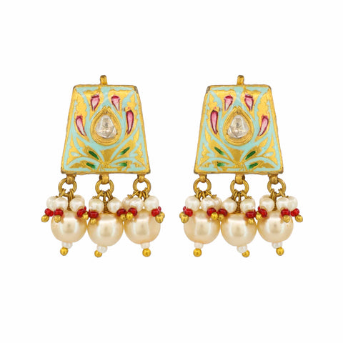 Polki Diamond and Enamel Floral Earrings