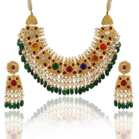 Gold Navratna Polki Diamond Choker Set with Pearl & Emerald Drops