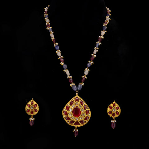 Regal Gold-Plated Syndicate Polki & Glass-Filled Ruby Pendant Set