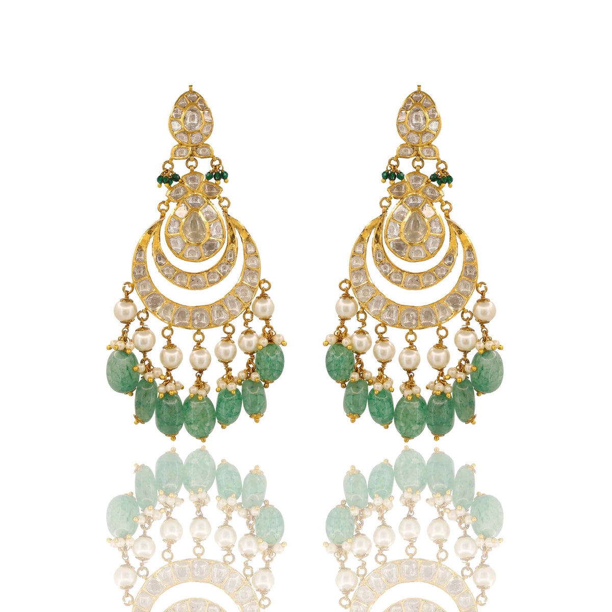 Bridal Chandbali Earrings - Polki, Emerald & Pearl