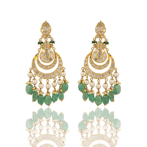 Bridal Chandbali Earrings - Polki, Emerald & Pearl