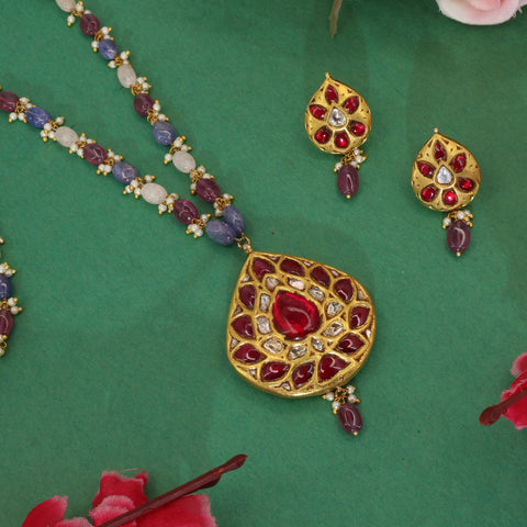 Regal Gold-Plated Syndicate Polki & Glass-Filled Ruby Pendant Set