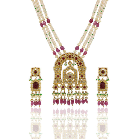 Royal Ruby Polki Temple Pendant Set  (Hallmark-91.6)