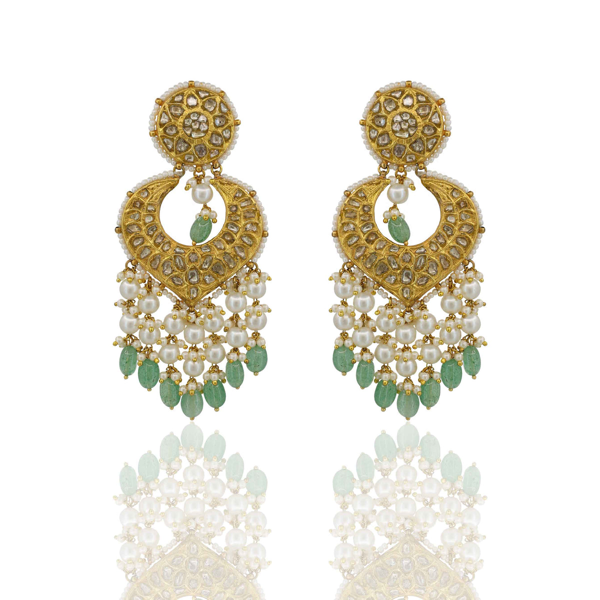 Unique Heart Shape Designed Polki & Emerald Chand Baali Earring