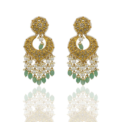 Unique Heart Shape Designed Polki & Emerald Chand Baali Earring