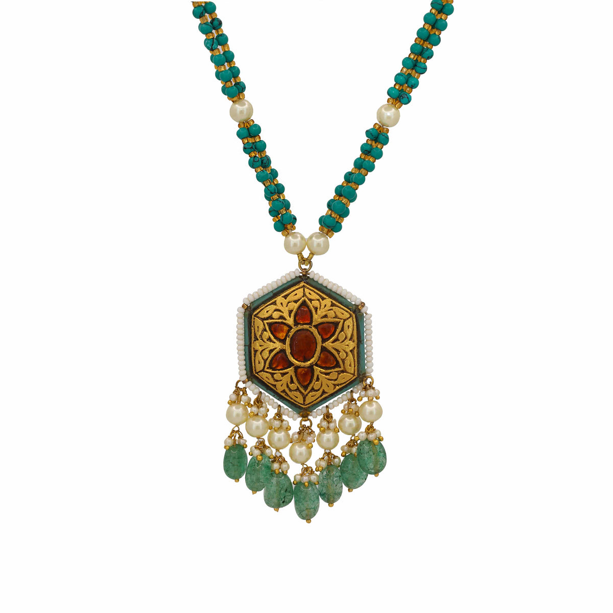 Gold & Garnet Hexagonal Pendant Necklace