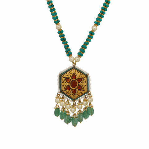 Gold & Garnet Hexagonal Pendant Necklace