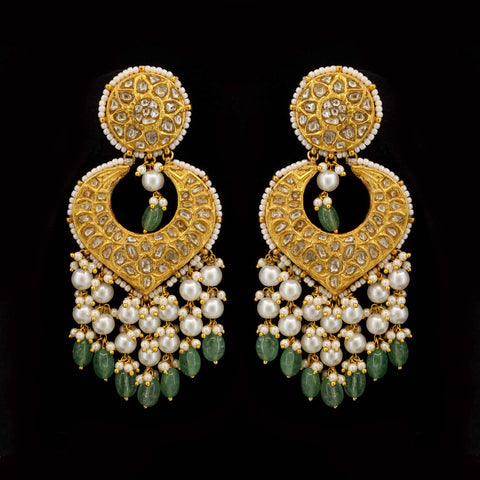 Unique Heart Shape Designed Polki & Emerald Chand Baali Earring