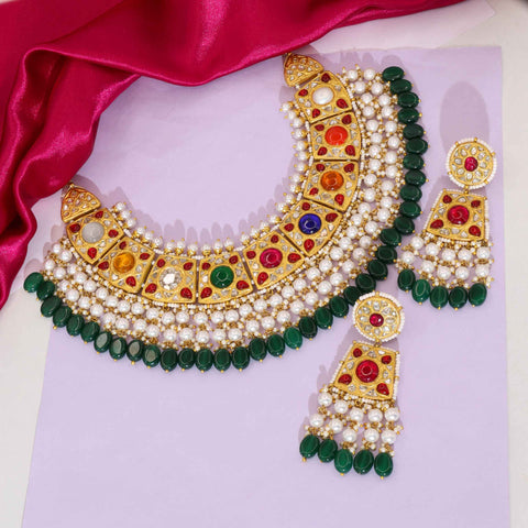 Gold Navratna Polki Diamond Choker Set with Pearl & Emerald Drops