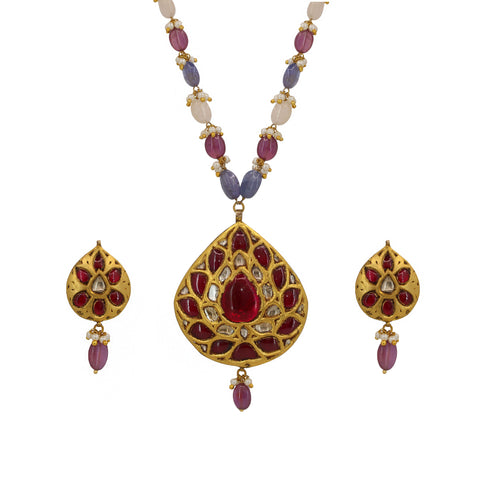 Regal Gold-Plated Syndicate Polki & Glass-Filled Ruby Pendant Set