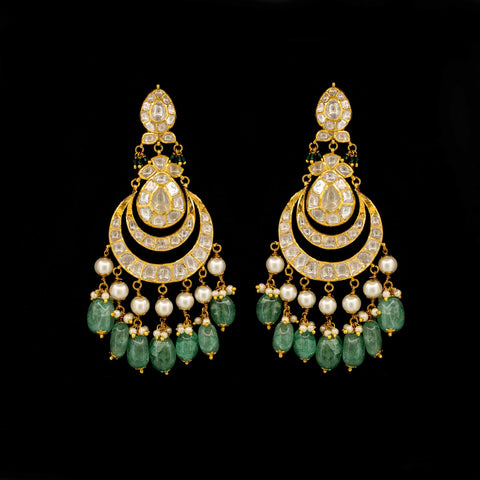 Bridal Chandbali Earrings - Polki, Emerald & Pearl