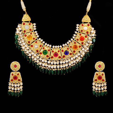 Gold Navratna Polki Diamond Choker Set with Pearl & Emerald Drops