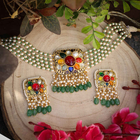 22KT Gold Navratna & Polki Diamond Pearl Choker Set