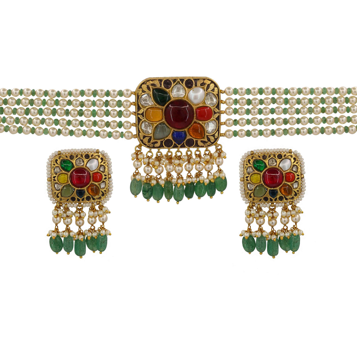 22KT Gold Navratna & Polki Diamond Pearl Choker Set