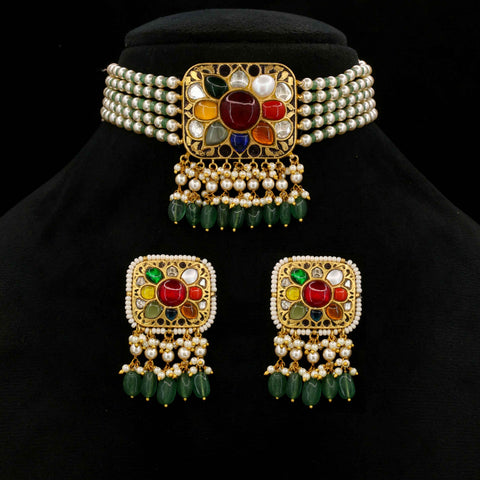 22KT Gold Navratna & Polki Diamond Pearl Choker Set