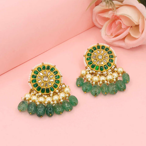 Green Gemstone and Polki Diamond Jhumka-Style Earrings
