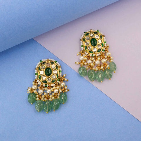 Traditional Polki Diamond and Emerald Drop Earrings