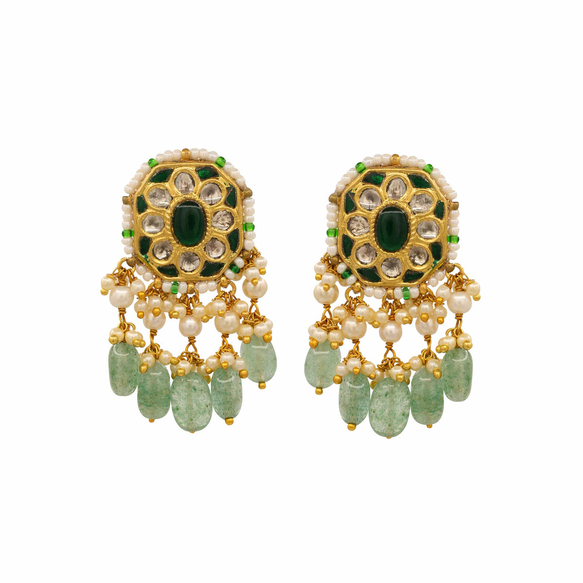 Traditional Polki Diamond and Emerald Drop Earrings