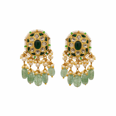 Traditional Polki Diamond and Emerald Drop Earrings