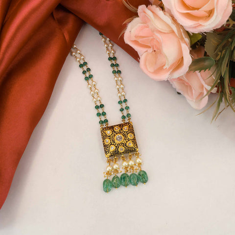 Gold and Polki Partash Work Pendant Necklace with Emerald Drops