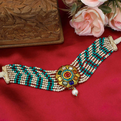 Gold Navratna & Polki Choker with Pearl & Turquoise Beads Necklace