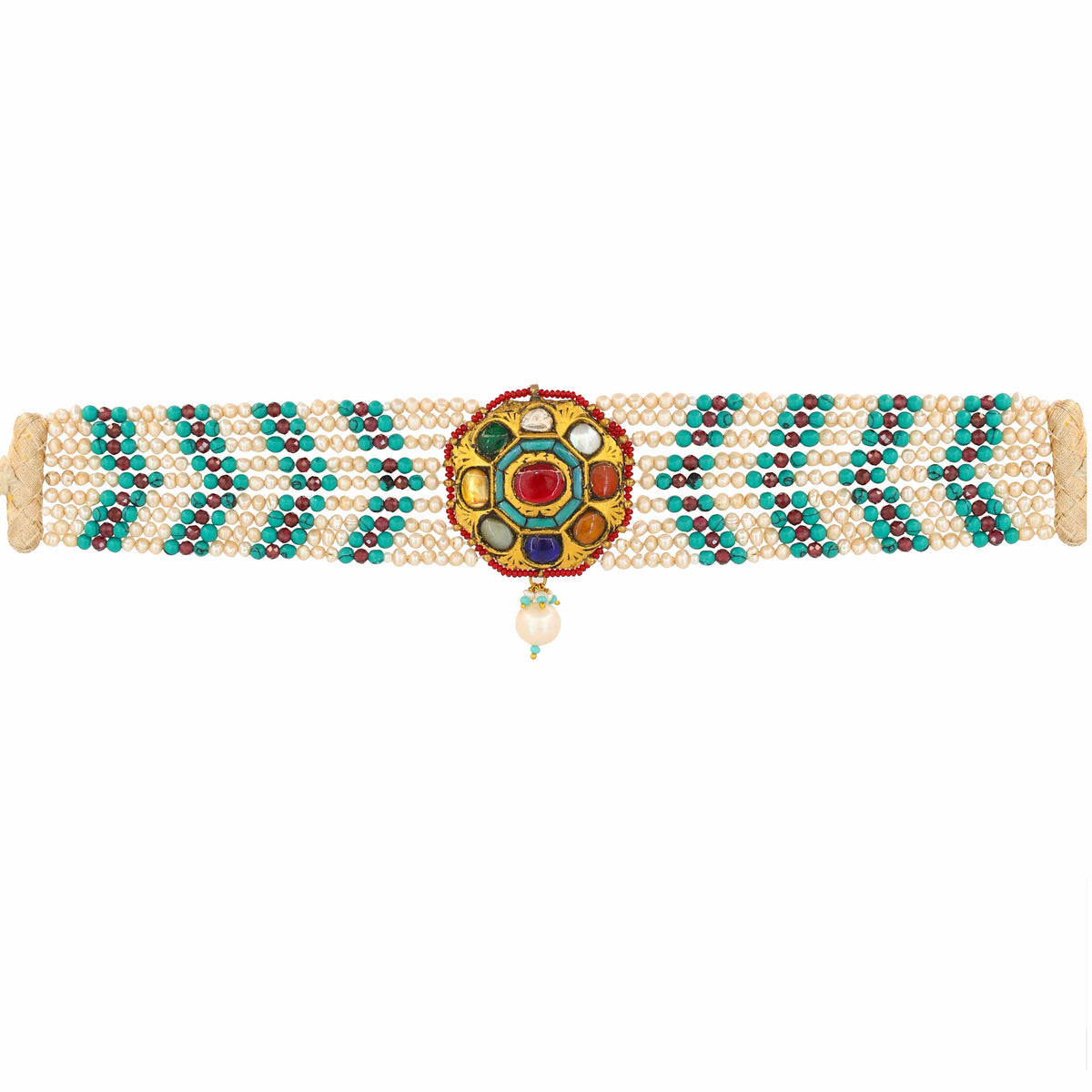 Gold Navratna & Polki Choker with Pearl & Turquoise Beads Necklace