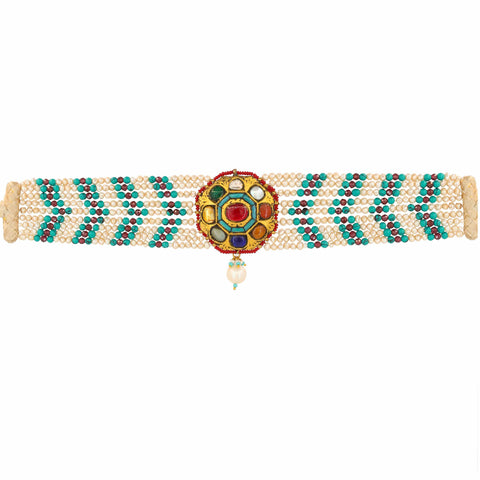 Gold Navratna & Polki Choker with Pearl & Turquoise Beads Necklace