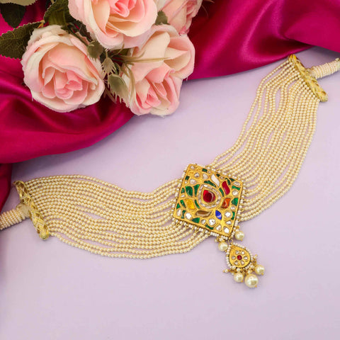Multistrand Pearl Choker with Gemstone and Polki Pendant