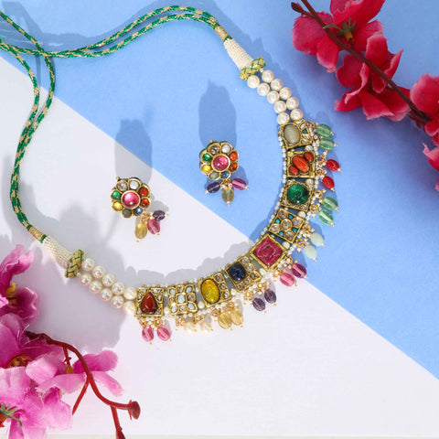 Navratna Mohini Gold Chocker Necklace Set